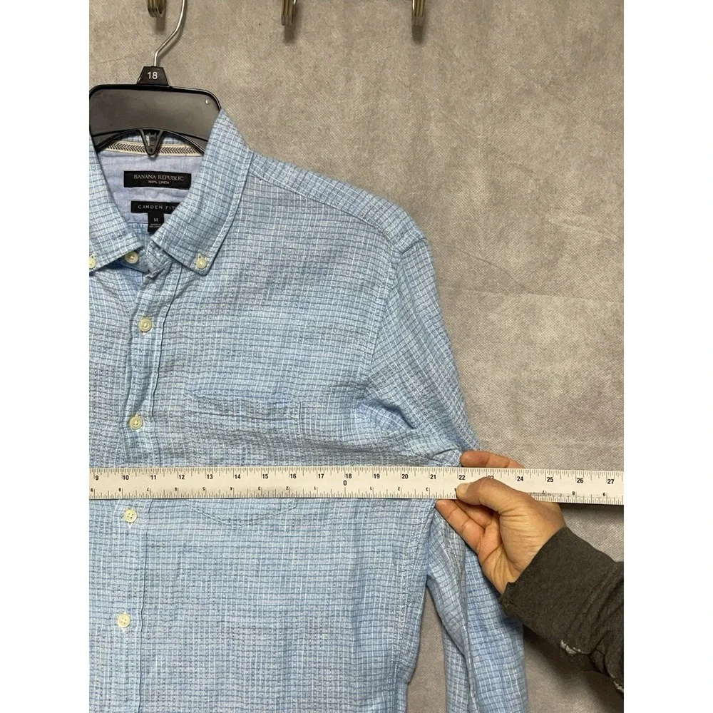 Banana Republic‎ Shirt Men M Blue Check Linen Button Up Camden Hopsack Academia
